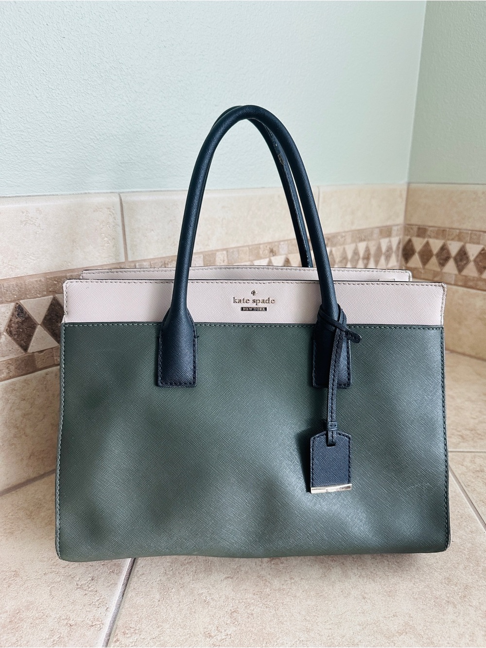 Kate Spade New York Satchel Bag Green Black Beige Zip Detachable Strap